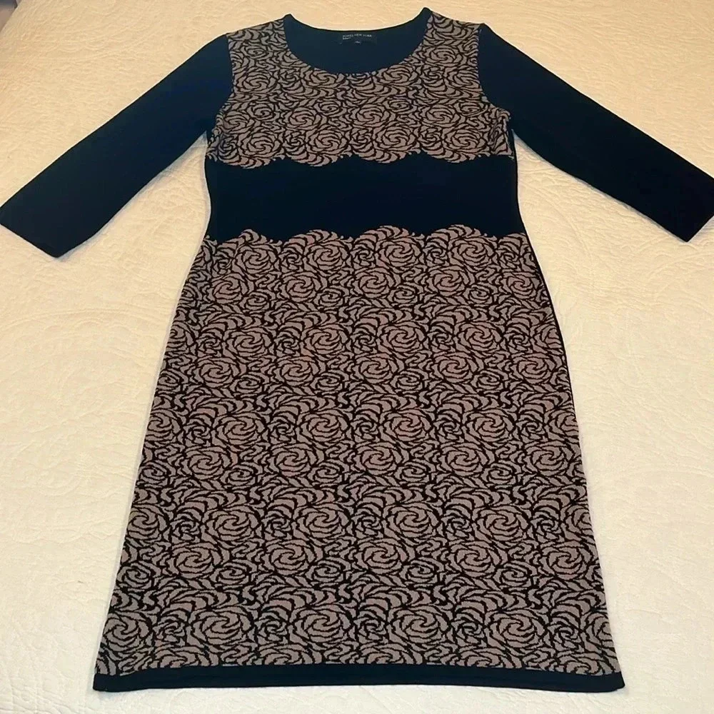 Sweater Dress Midi Women’s Large  Stretchy Knit Floral Print Black‎ Tan
